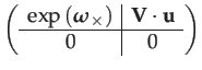 $\displaystyle \left(\begin{array}{c\vert c}
\exp\left(\boldsymbol{\omega}_{\times}\right) & \mathbf{V}\cdot\mathbf{u}\\
\hline 0 & 0
\end{array}\right)$